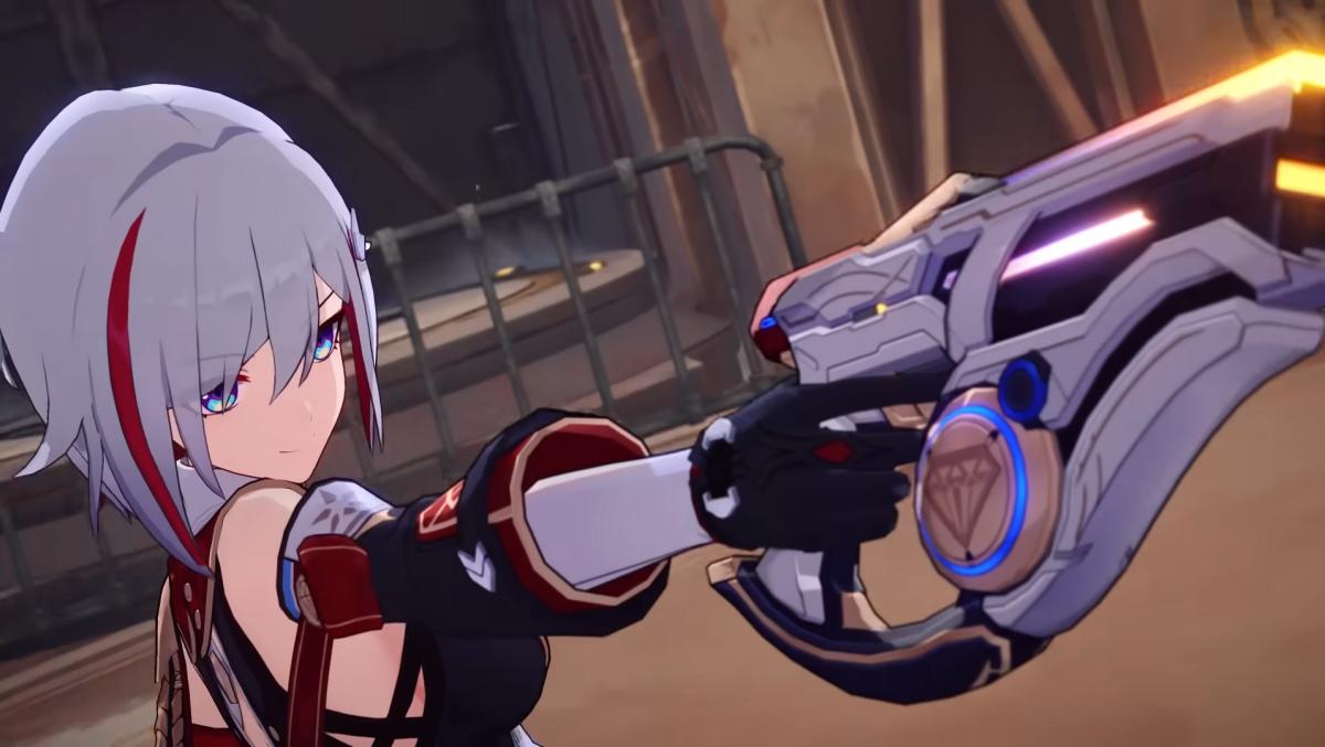 Honkai: Star Rail Topaz aiming her weapon.
